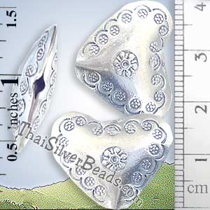 Flower Print Heart Shape Silver Puff Bead - BSB0374- (1 Piece)_1