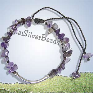 Silver Tube Bead With Amethyst - Adjustable Bracelet or Anklet - tsbrac009_1